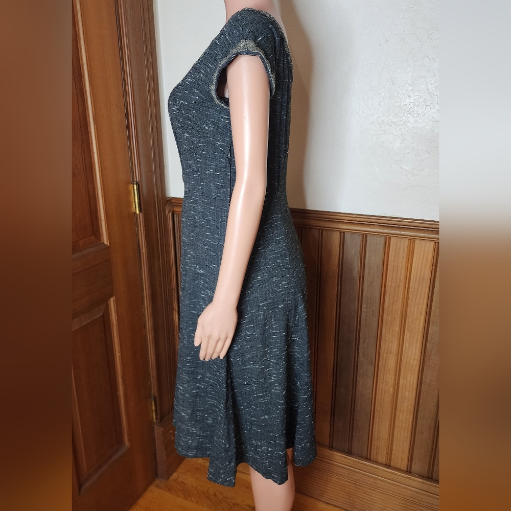 1950s Grey Silk Tweed Rhinestone Beaded Embellished Dress Large - Picture 6 of 9